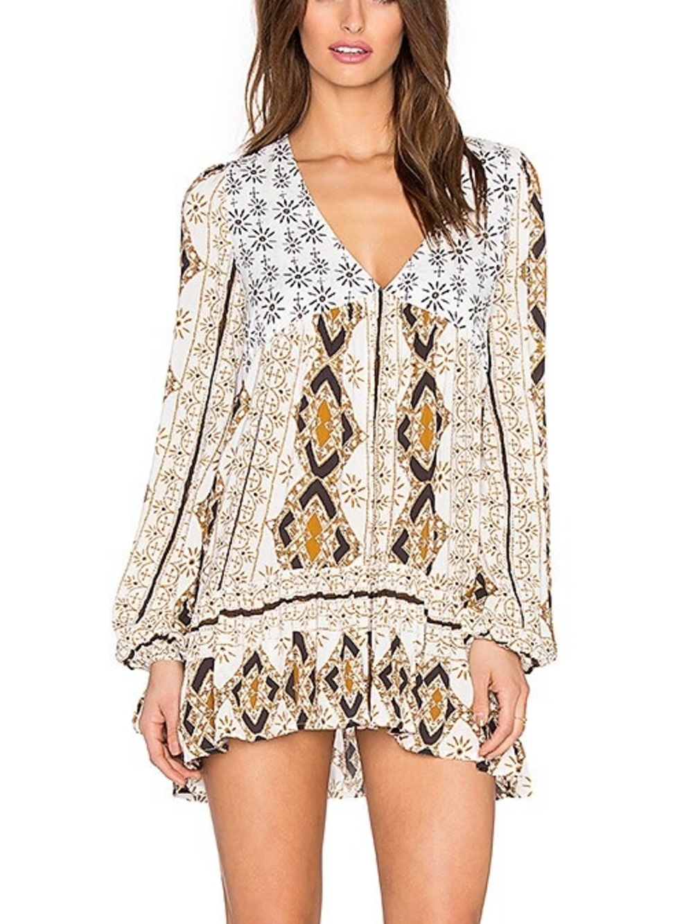 Free People Cream Printed V-Neck Boho Mini Dress